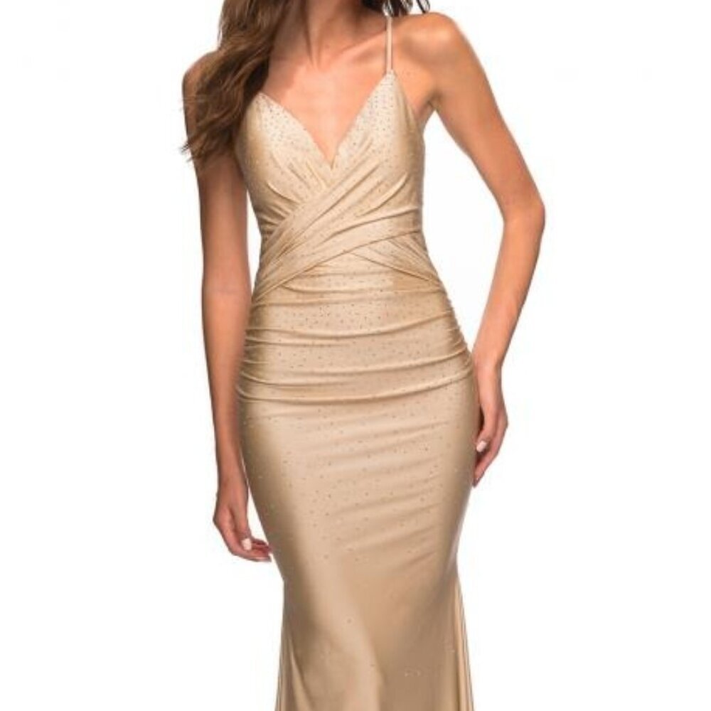 SALE NWT La Femme 30340SC Beaded Jersey Prom Dress Light Gold Size 8